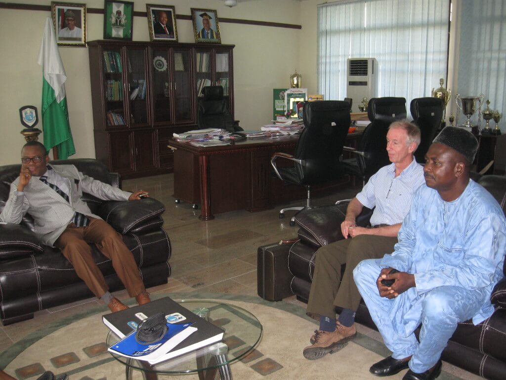 Picture of Courtesy Visit on UNIPORT Vice Chancellor by Rony. From left to right: Prof N.E.S. Lale, VC, UNIPORT; Prof Rony Swennen, IITA Scientist; Dr G.E. Omokhua, Director, IARD.