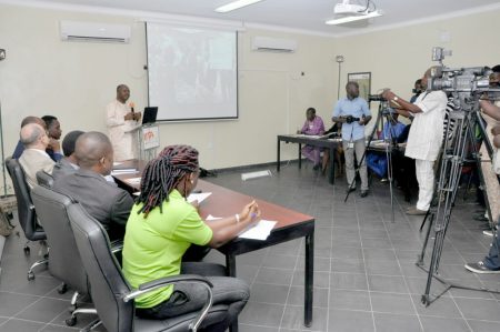 Picture of Dr Nteranya Sanginga speaks at the press conference in IITA