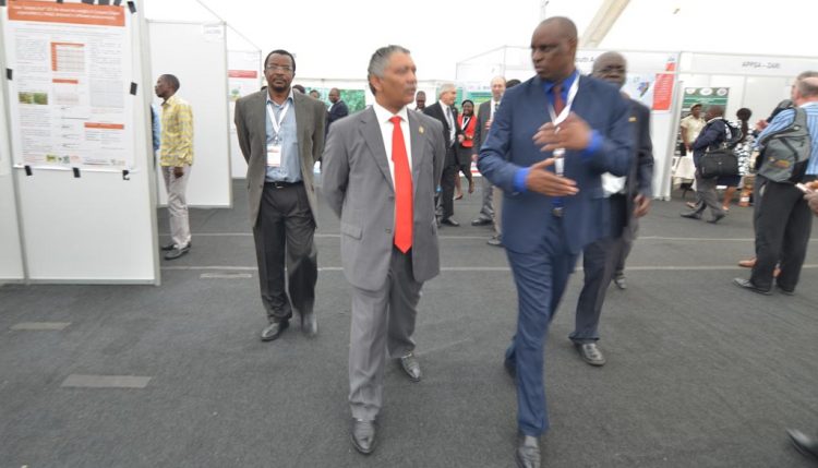 Picture of Minister Lubinda (middle) touring the poster stands while being briefed by Zambia Agriculture Research Institute (ZARI) Director Moses Mwale (right) as IITA Southern Africa Director Dr David Chikoye (left) walks alongside.