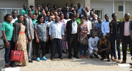 Group photo with DG Sanginga, IITA staff, and youth representatives from various countries attending the ENABLE Youth Design Workshop in Abuja.