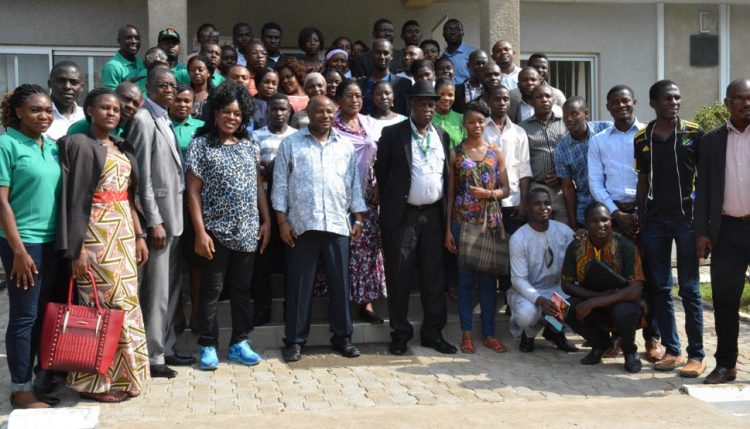 Group photo with DG Sanginga, IITA staff, and youth representatives from various countries attending the ENABLE Youth Design Workshop in Abuja.