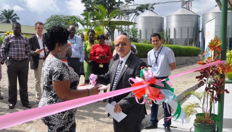 Picture of DDG Kenton Dashiell cuts the ribbon to launch the new AgResults Aflasafe laboratory at the Business Incubation Platform, Ibadan