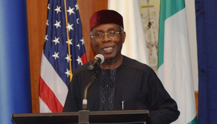 Picture of the Honorable Minister of Agriculture Chief Audu Ogbeh delivering his speech at the event.