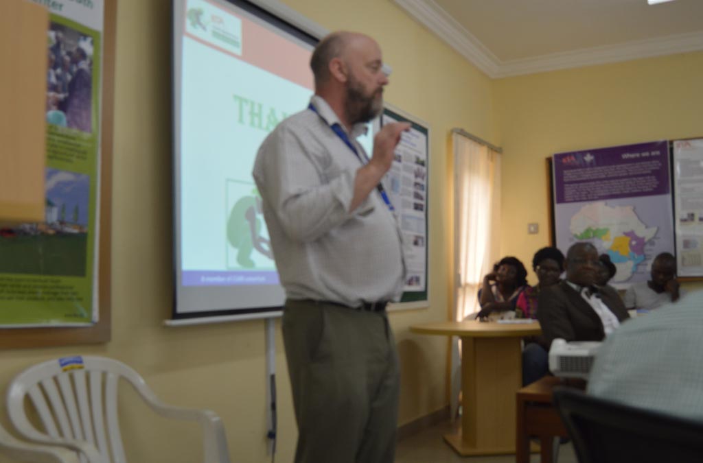 Picture of Dr. Abberton addressing scientists, Agripreneurs and staff in Abuja.