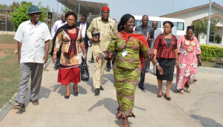 Picture of Elizabeth Parkes, cassava expert, leads the team from Ebonyi on a tour around IITA facilities.