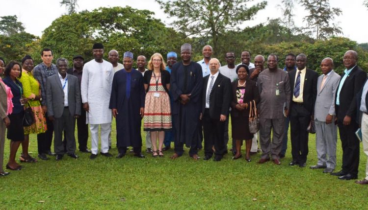 Picture of the Minister of State for Environment and his officials in a group photo with IITA staff.