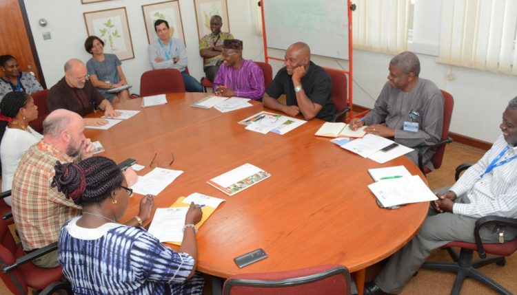 Picture of IITA staff led by DDG, Partnerships for Delivery, Ken Dashiell, welcome the FUNAI representatives to the Institute.