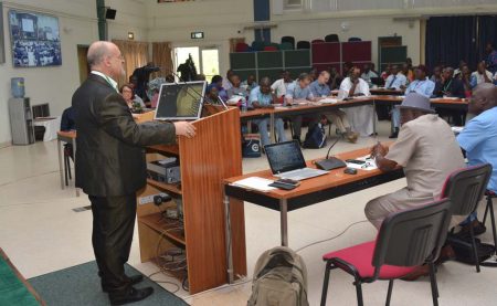 Picture of IITA DDG Kenton Dashiell giving his opening remarks at IITA-CWMP annual review and planning meeting.