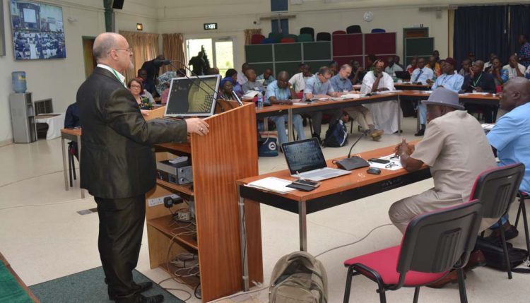 Picture of IITA DDG Kenton Dashiell giving his opening remarks at IITA-CWMP annual review and planning meeting.