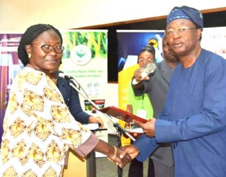Picture of Beatrice Aighewi receiving the award on behalf of DG Sanginga from FACAN President Dr Victor Iyama.