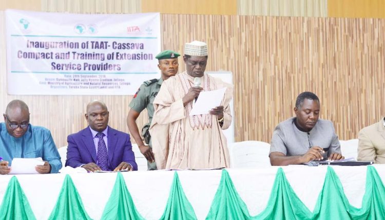 Picture of Secretary to the Government of Taraba, Anthony Jellason, speaking at the inauguration of the TAAT Cassava Compact