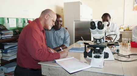 Picture of Dr. Dashiell visiting a lab at TARI-Kibaha nematology lab