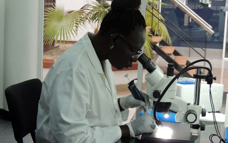 Beatrice Langwa in the lab at IITA-Tanzania.
