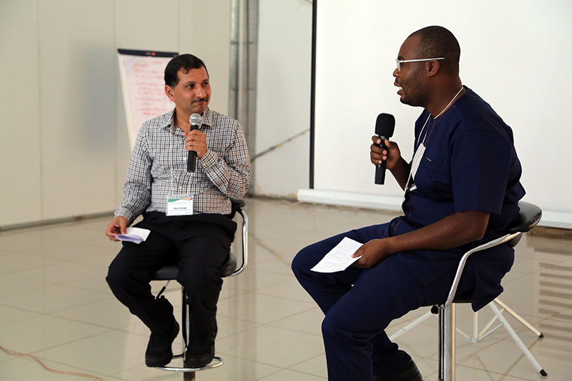 Vara Prasad (left) being interviewed by Jonathan Odhong (right) at the Africa RISING Program Learning Event held on 5 - 8 February 2019 in Malawi. Photo credit: Simret Yasabu/ILRI.