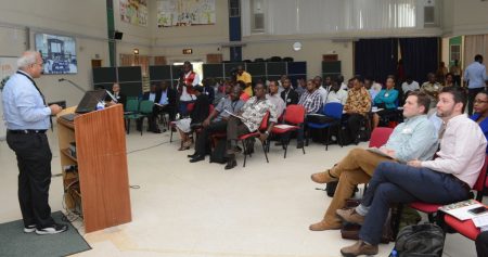 Picture of Dr Ranajit Bandyopadhyay addresses participants at the aTTC project launch in IITA, Ibadan.