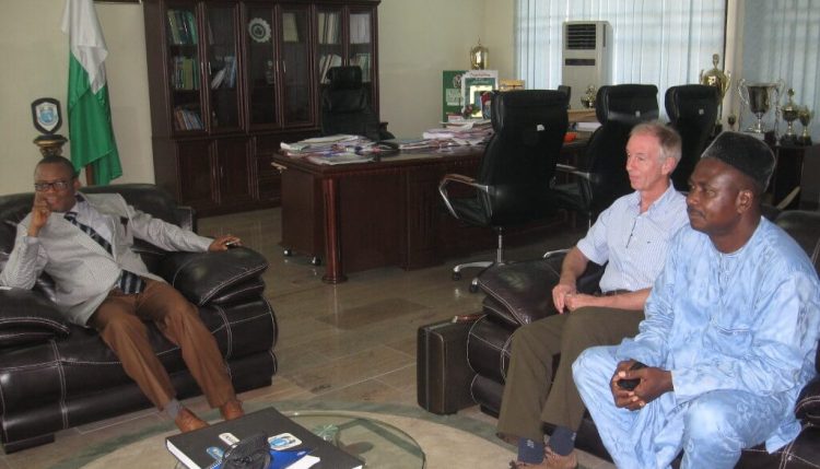 Picture of Courtesy Visit on UNIPORT Vice Chancellor by Rony. From left to right: Prof N.E.S. Lale, VC, UNIPORT; Prof Rony Swennen, IITA Scientist; Dr G.E. Omokhua, Director, IARD.