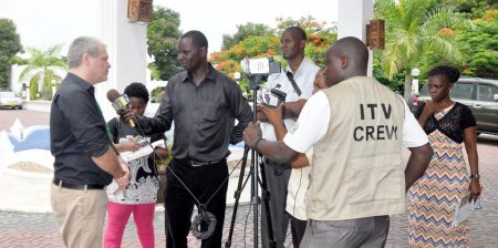 Picture of Central Africa Hub Director Bernard Vanlauwe being interviewed by the media