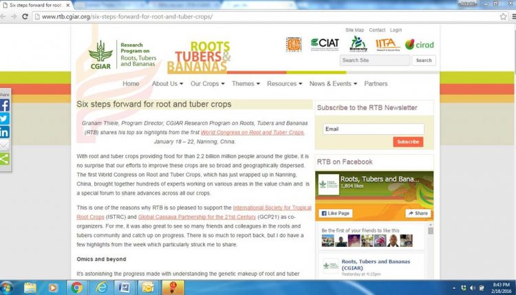 Picture of Story about the first World Congress on Root and Tuber Crops on RTB.cgiar.org website.