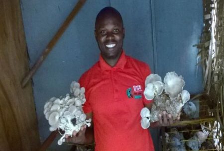 Picture of IYAKIN Agripreneur presenting white mushrooms.