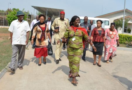 Picture of Elizabeth Parkes, cassava expert, leads the team from Ebonyi on a tour around IITA facilities.
