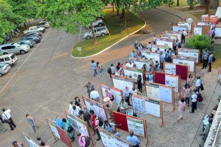 Overhead view of poster presentations.