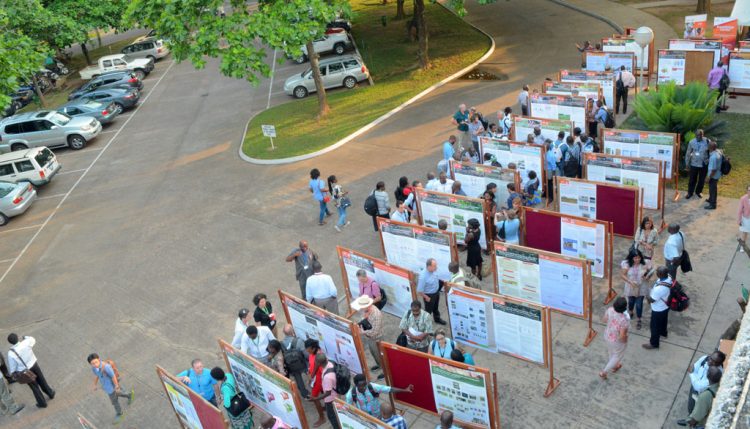 Overhead view of poster presentations.