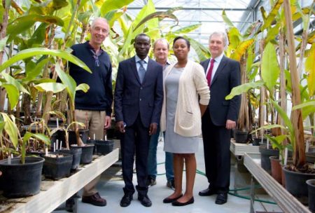 Picture of Moses Nyine (second from left), who received his PhD from Palacky University Olomouc in the Czech Republic, with his IITA supervisors