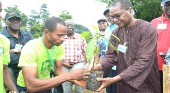 Picture of NCF DG, Muhtari Aminu-Kano, about to plant a tree during the tree planting exercise at IITA Tree Heritage Park