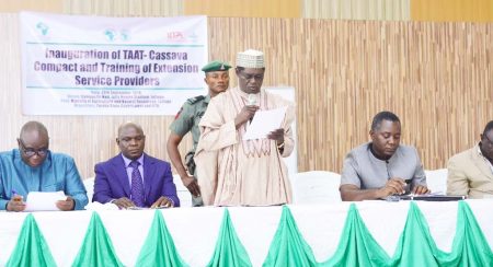 Picture of Secretary to the Government of Taraba, Anthony Jellason, speaking at the inauguration of the TAAT Cassava Compact